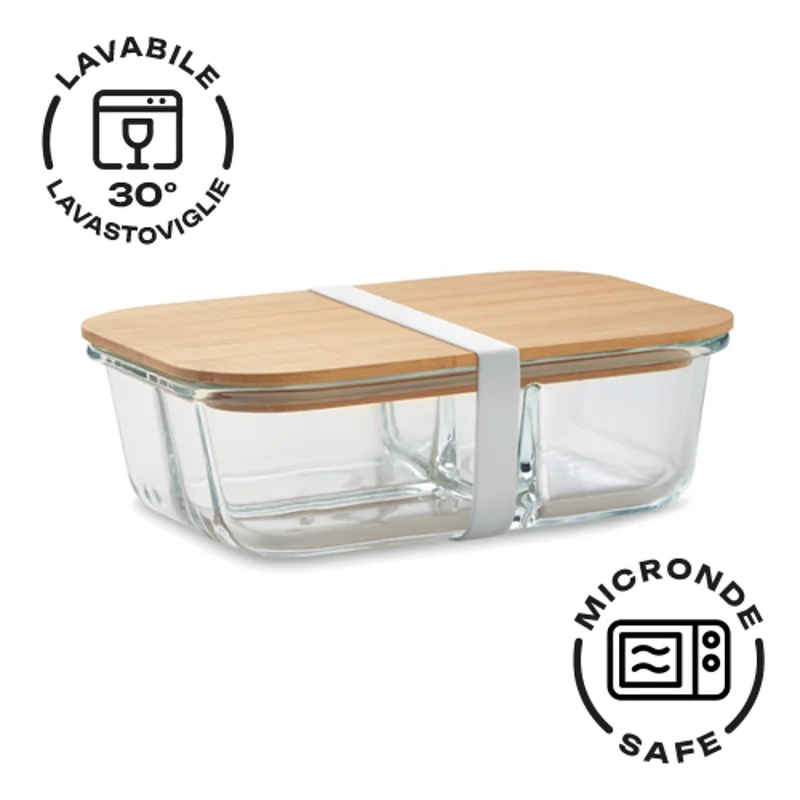 Porta pranzo in vetro borosilicato con 3 scomparti coperchio in bambù e fascia in silicone 800ml