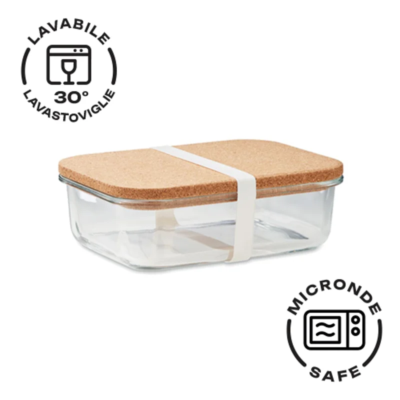 Porta pranzo in vetro borosilicato alto con coperchio in sughero e fascia in silicone da 900ml