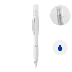 Penna a sfera in plastica antibatterica con dispenser e spray e con meccanismo a rotazione e refill blu
