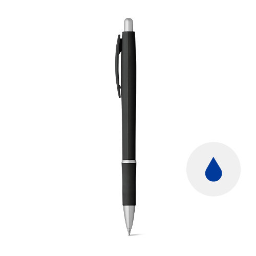 Penna a sfera in plastica disponible in vari colori con impugnatura antiscivolo gommata con meccanismo a scatto e refill blu