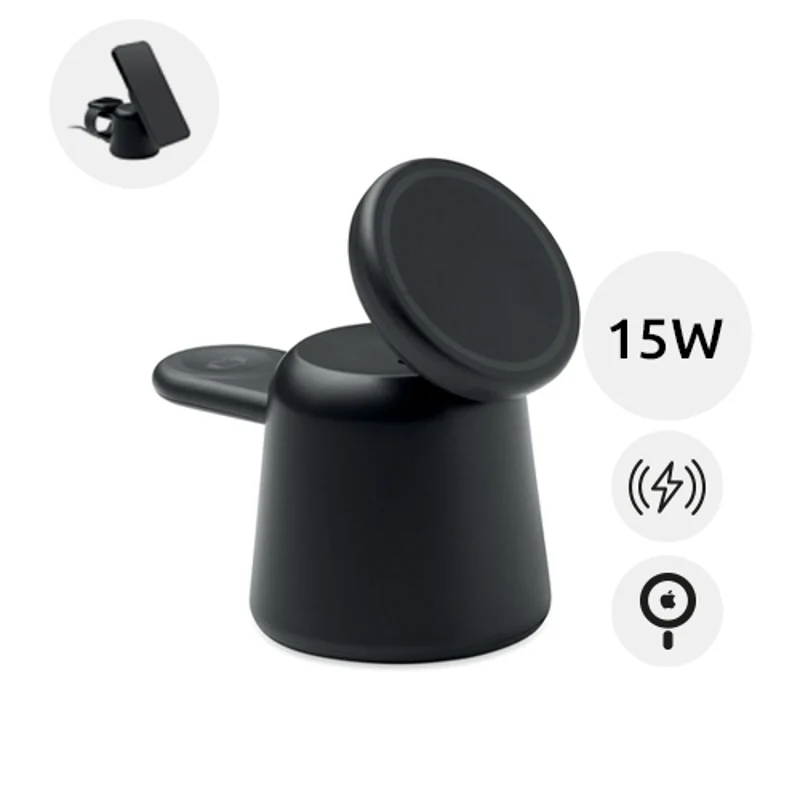 Stazione di ricarica 3 in 1 in ABS con caricatore wireless magnetico da 15W