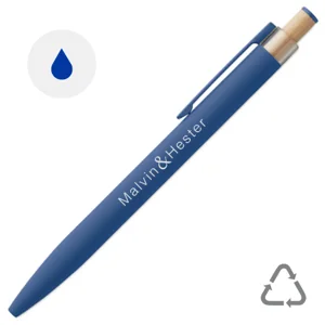 Penna in alluminio riciclato con pulsante in bambù e refill blu