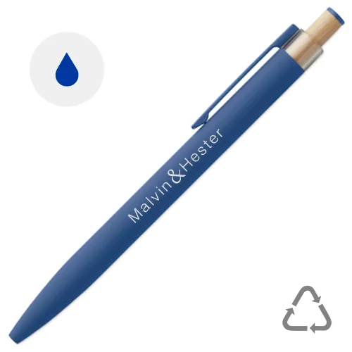 Penna in alluminio riciclato con pulsante in bambù e refill blu