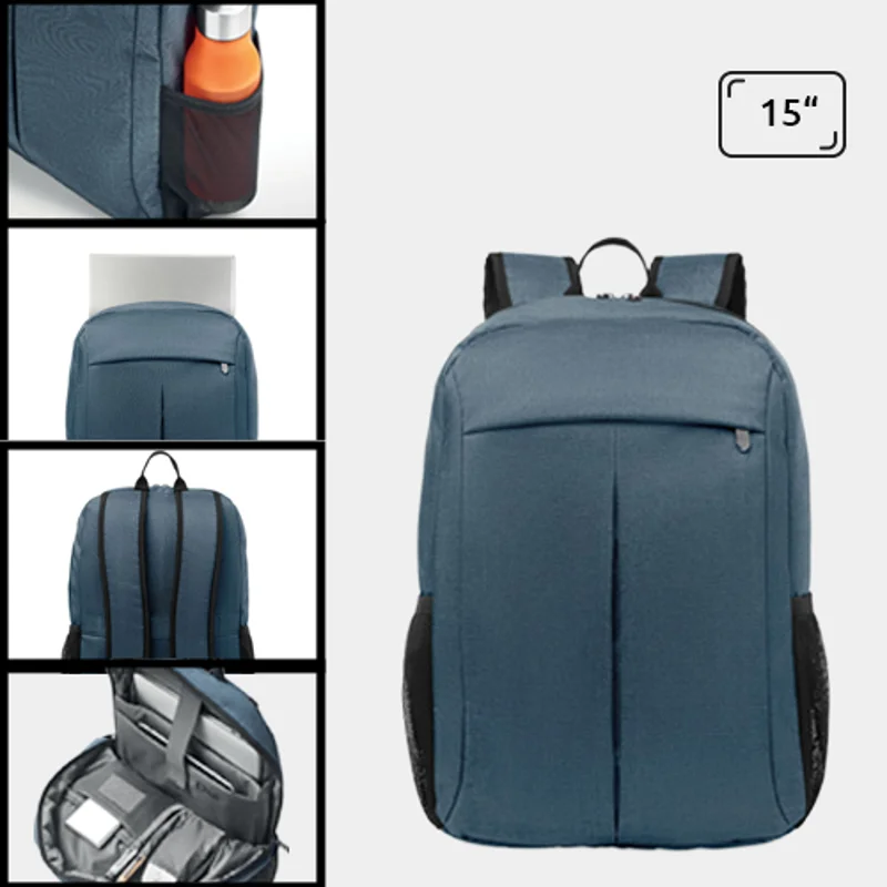 Zaino porta pc da 15'' in poliestere 360D con tasche a rete laterali e aggancio trolley