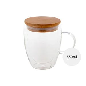 Bicchiere termico in vetro borosilicato a doppia parete con coperchio in bambù 350ml