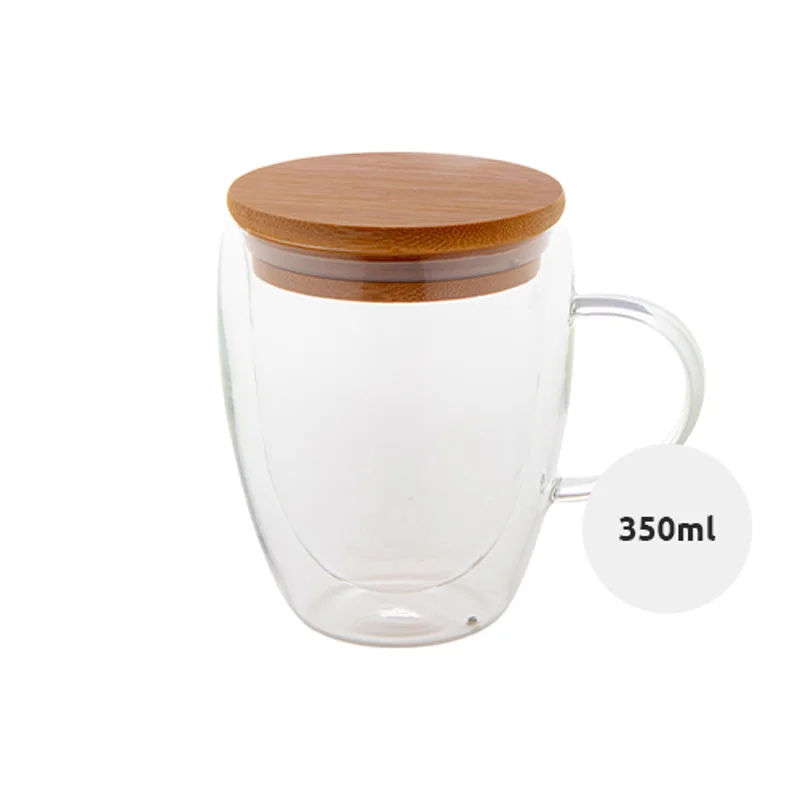 Bicchiere termico in vetro borosilicato a doppia parete con coperchio in bambù 350ml