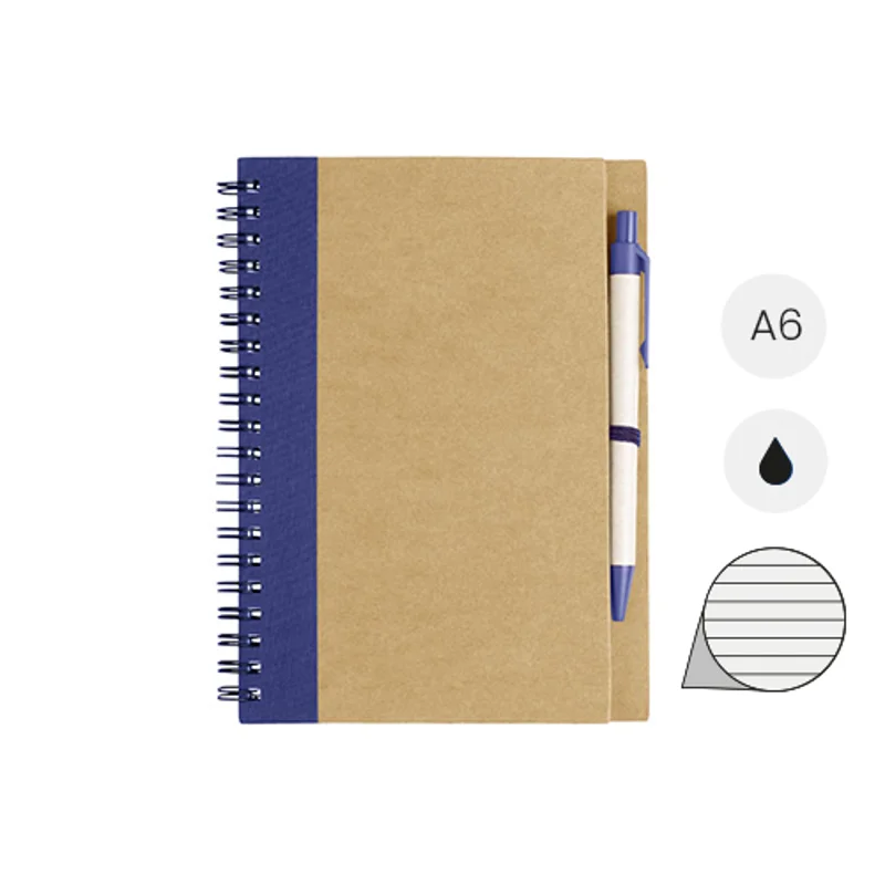 Block notes A6 in carta riciclata con fogli a righe e penna in refill nero
