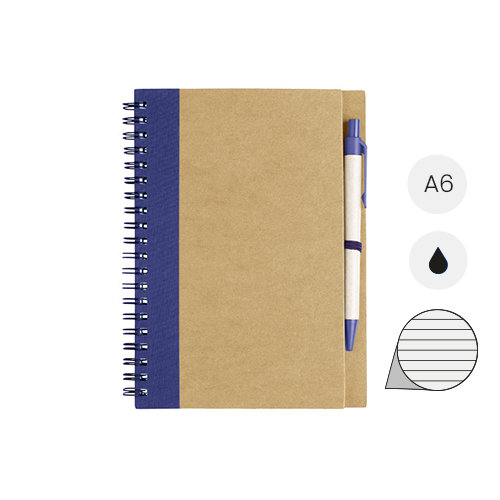 Block notes A6 in carta riciclata con fogli a righe e penna in refill nero