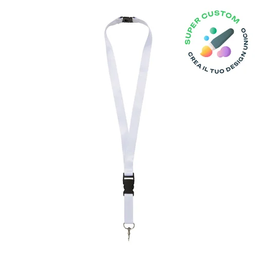Lanyard in PET riciclato con fibbia e sgancio di scurezza totatlmente personalizzabile