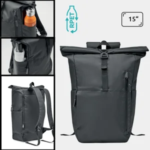 Zaino porta pc da 15" rolltop in RPET con ampia tasca frontale e chiusura con cerniera a zip e tasche laterali per le borracce