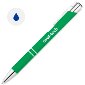Penna a sfera con finitura gommata disponibile in vari colori con meccanismo a scatto e refill blu