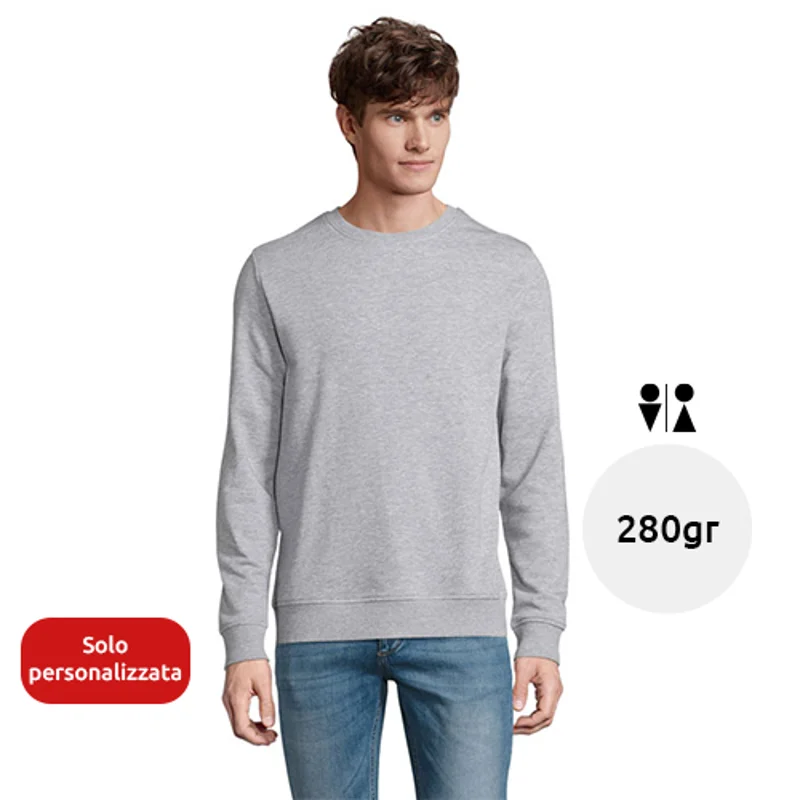 Felpa da adulto unisex colori assortiti a giricollo in cotone biologico e poliestere riciclato fodera in spugna francese 280gr