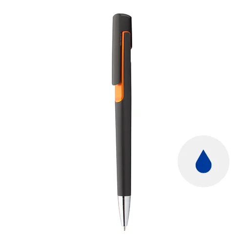 Penna a sfera in plastica nera con particolari colorati e con meccanismo a scatto e refill blu