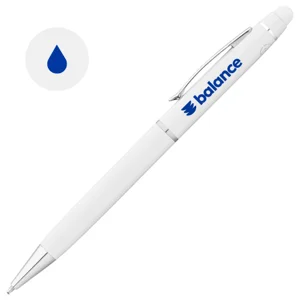 Penna a sfera in metallo con punta touch disponibile in vari colori e con meccanismo a rotazione e refill blu