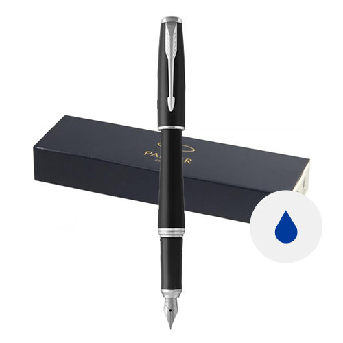 Penna stilografica Parker in alluminio disponibile in due colori nero e argento con cappuccio in confezione regalo e refill blu