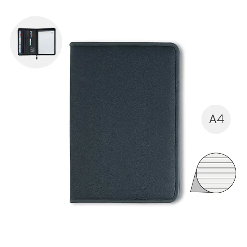 Cartella in poliestere con blocco appunti A4 a chiusura a zip e scomparti vari