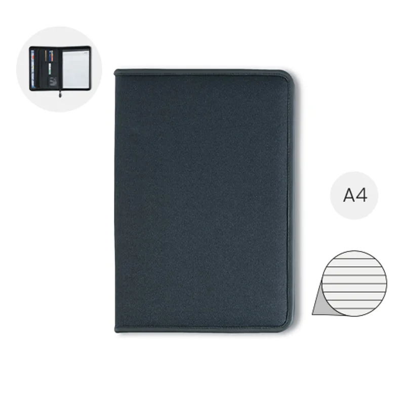 Cartella in poliestere con blocco appunti A4 a chiusura a zip e scomparti vari