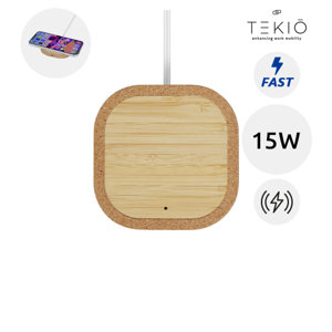 Caricatore wireless a marchio Teiko con ricarica rapida da 15W in sughero e bambù fornito in una scatola di carta kraft