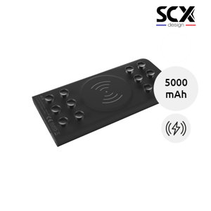 Powerbank wireless in gomma e ventose sul retro a marchio SCX con personalizzazione luminosa da 5000mAh fornito in scatola regalo