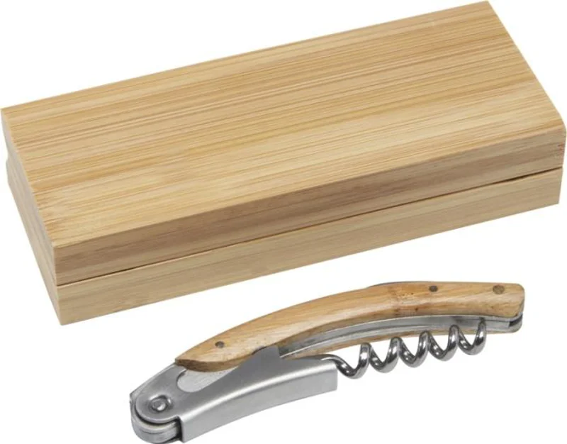 Cavatappi con coltellino e apribottiglie in bambù con scatola in legno