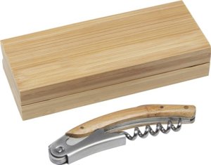 Cavatappi con coltellino e apribottiglie in bambù con scatola in legno