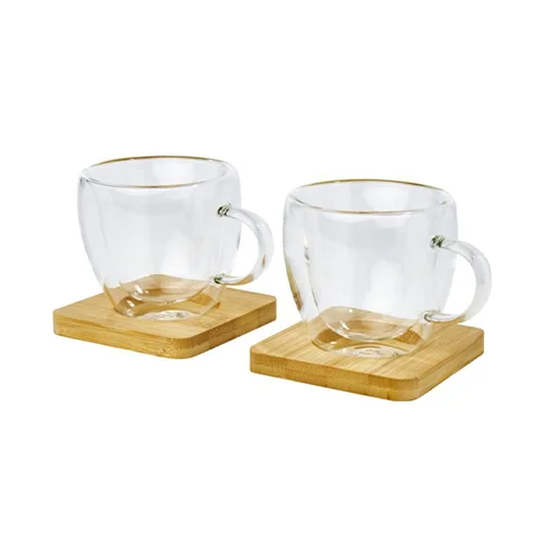 Set di 2 tazzine in vetro a doppia parete da 100 ml con sottobicchiere in bambù