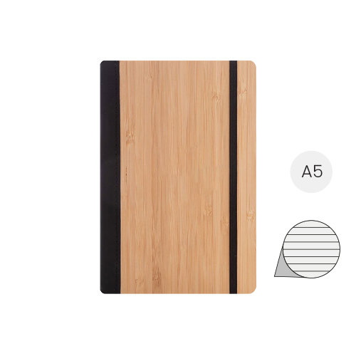 Block note A5 copertina in bambù e pelle PU con 80 fogli in carta riciclata e righe e con elastico e segnalibro
