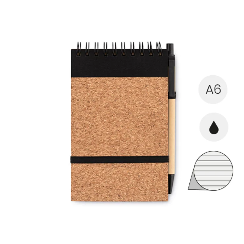 Block notes A6 in sughero con penna in cartone e PLA di mais