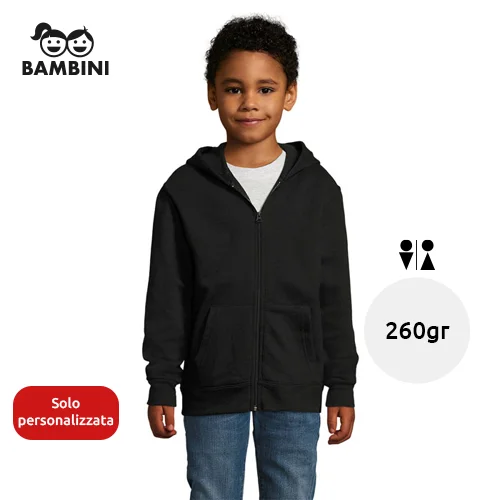 Felpa da bambino unisex colori assortiti con cappuccio e cerniera in cotone e poliestere 260gr