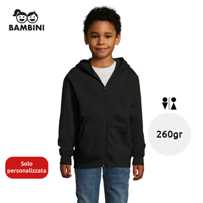 Felpa da bambino unisex colori assortiti con cappuccio e cerniera in cotone e poliestere 260gr