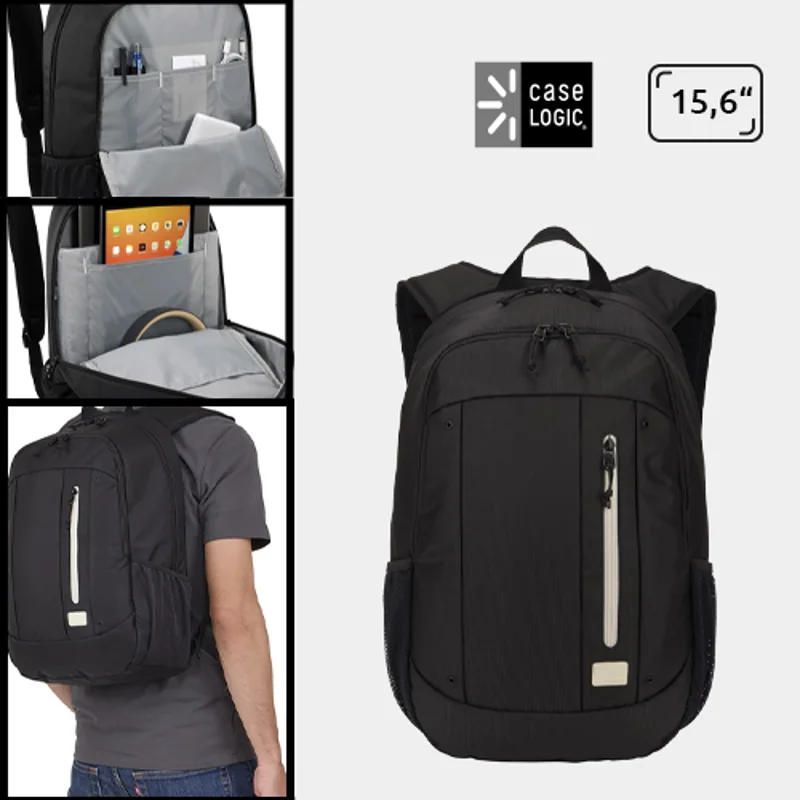 Zaino porta pc da 15,6" a marchio Case Logic e in poliestere riciclato con ampie tasche interne per pc e tablet e tasche esterne per borraccia