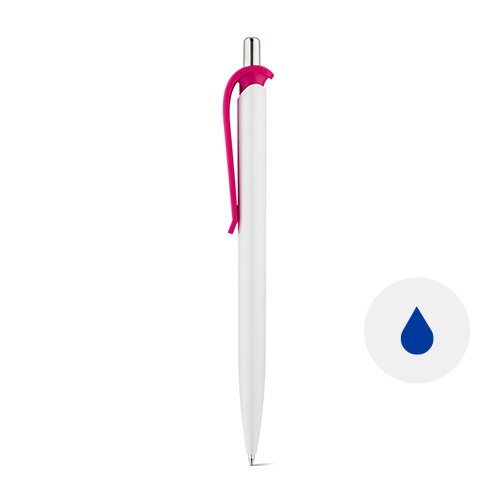 Penna a sfera in ABS con fusto bianco e clip colorata e meccanismo a scatto e refill blu