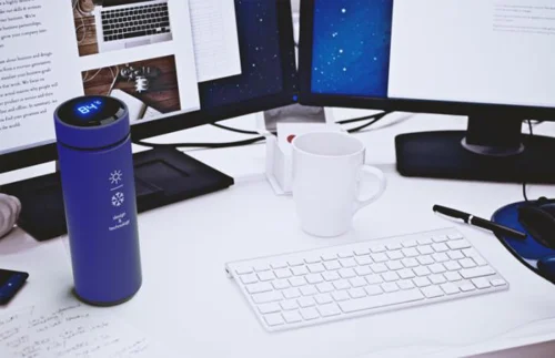 Borraccia termica a marchio SCX design smart con display sul tappo che indica la temperatura in scatola regalo da 500ml