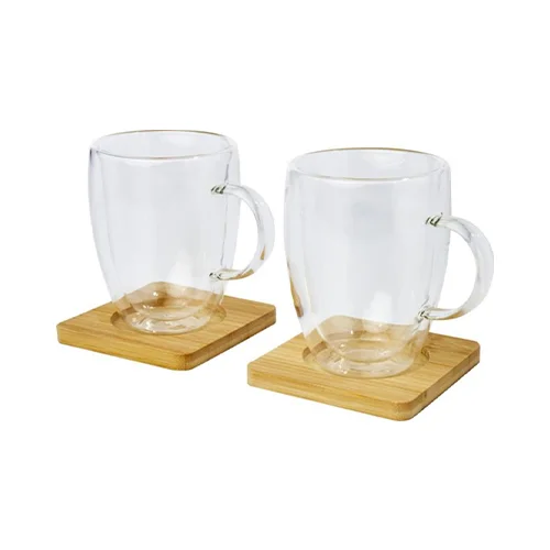 Set di 2 tazze in vetro a doppia parete da 350 ml con sottobicchiere in bambù