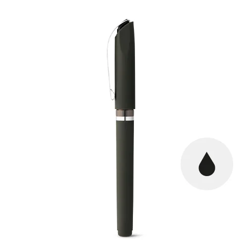 Penna roller in ABS con clip in metallo e finitura gommata colorata con cappuccio e inchiostro a gel refil nero