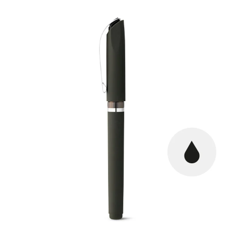 Penna roller in ABS con clip in metallo e finitura gommata colorata con cappuccio e inchiostro a gel refil nero