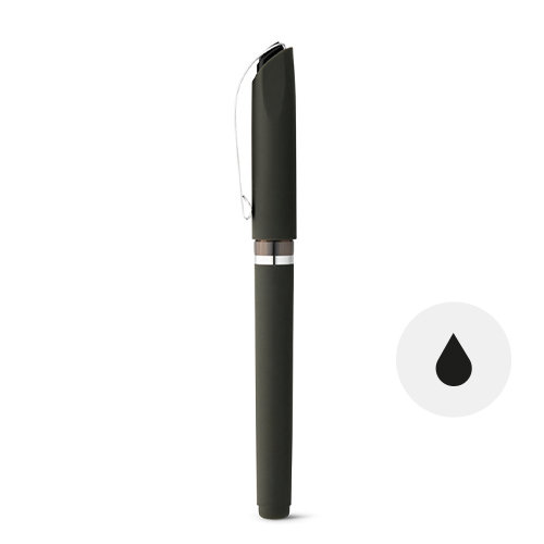 Penna roller in ABS con clip in metallo e finitura gommata colorata con cappuccio e refil nero