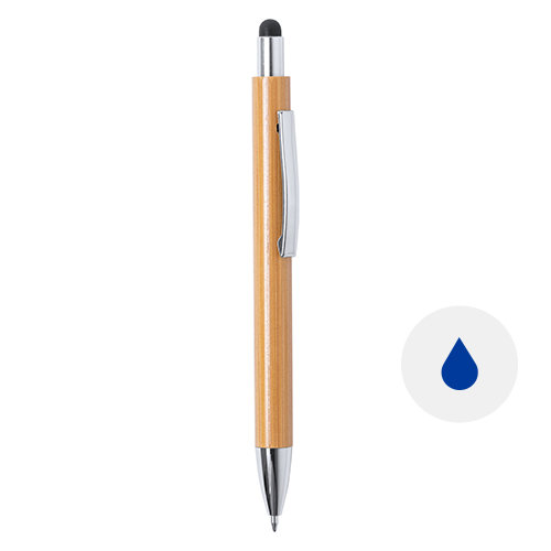 Penna a sfera in bambú con clip e punta in metallo e punta touch con meccanismo a scatto e refill blu