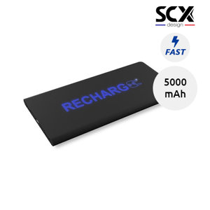 Powerbank ultra sottile e leggero in gomma e in PET a marchio SCX con personalizzazione luminosa e ricarica rapida da 5000mAh fornito in scatola reagalo
