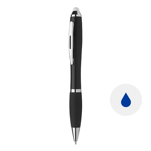 Penna a sfera in plastica nera con possibilità di personalizzazione luminosa e con punta touch colorata e refill blu
