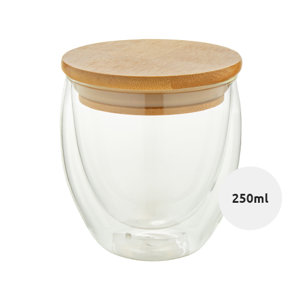 Tazza termica in vetro borosilicato a doppia parete con coperchio in bambù 250ml