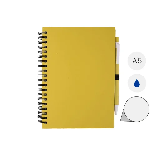 Block notes A5 a spirale con 70 fogli neutri e penna a sfera in carta riciclata refill blu