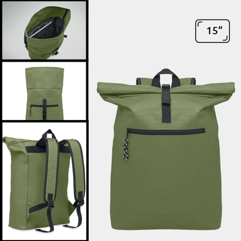 Zaino porta PC da 15" rolltop in poliestere 600D schienale imbottito e tasca frontale