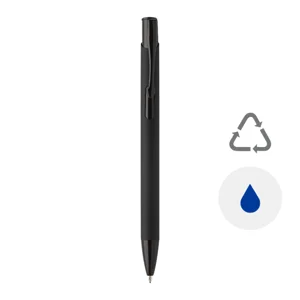 Penna a sfera in alluminio riciclato con corpo gommato e logo con finitura metallica coordinato