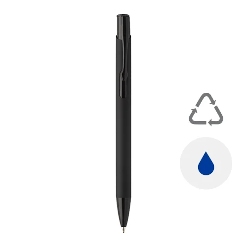Penna a sfera in alluminio riciclato con corpo gommato e logo con finitura metallica coordinato