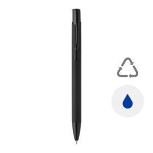 Penna a sfera in alluminio riciclato con corpo gommato e logo con finitura metallica coordinato