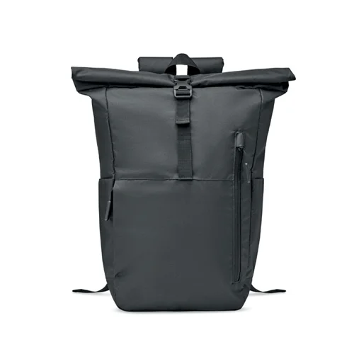 Zaino porta pc da 15" rolltop in RPET con ampia tasca frontale e chiusura con cerniera a zip e tasche laterali per le borracce