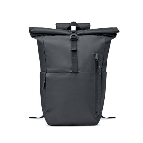 Zaino porta pc da 15" rolltop in RPET con ampia tasca frontale e chiusura con cerniera a zip e tasche laterali per le borracce