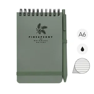 Blocco notes A6 con pagine a righe e copertina rigida in plastica riciclata e penna a sfera refill nero