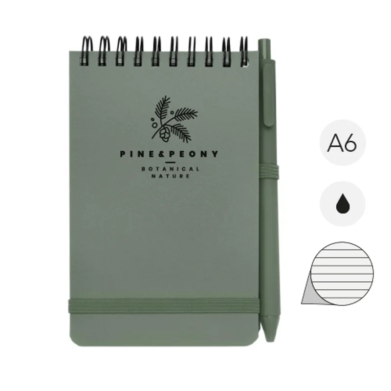 Blocco notes A6 con pagine a righe e copertina rigida in plastica riciclata e penna a sfera refill nero
